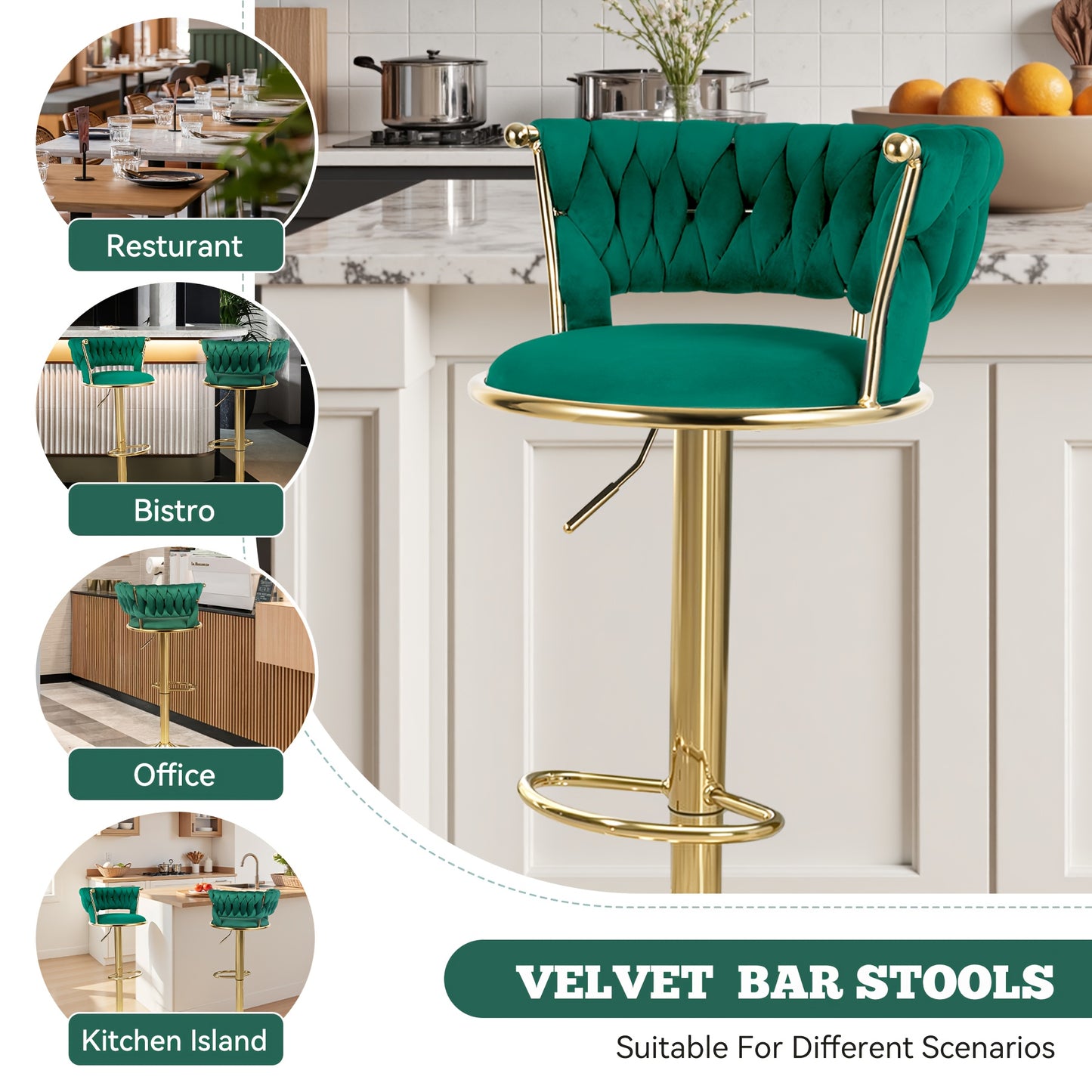 Set di 2 sgabelli da bar moderni girevoli in velluto intrecciato, sgabello, sgabello da bar girevole a 360° con schienale e altezza regolabile, sgabelli da bar alti in metallo dorato per isola cucina, per Natale, festival, regalo di Capodanno
