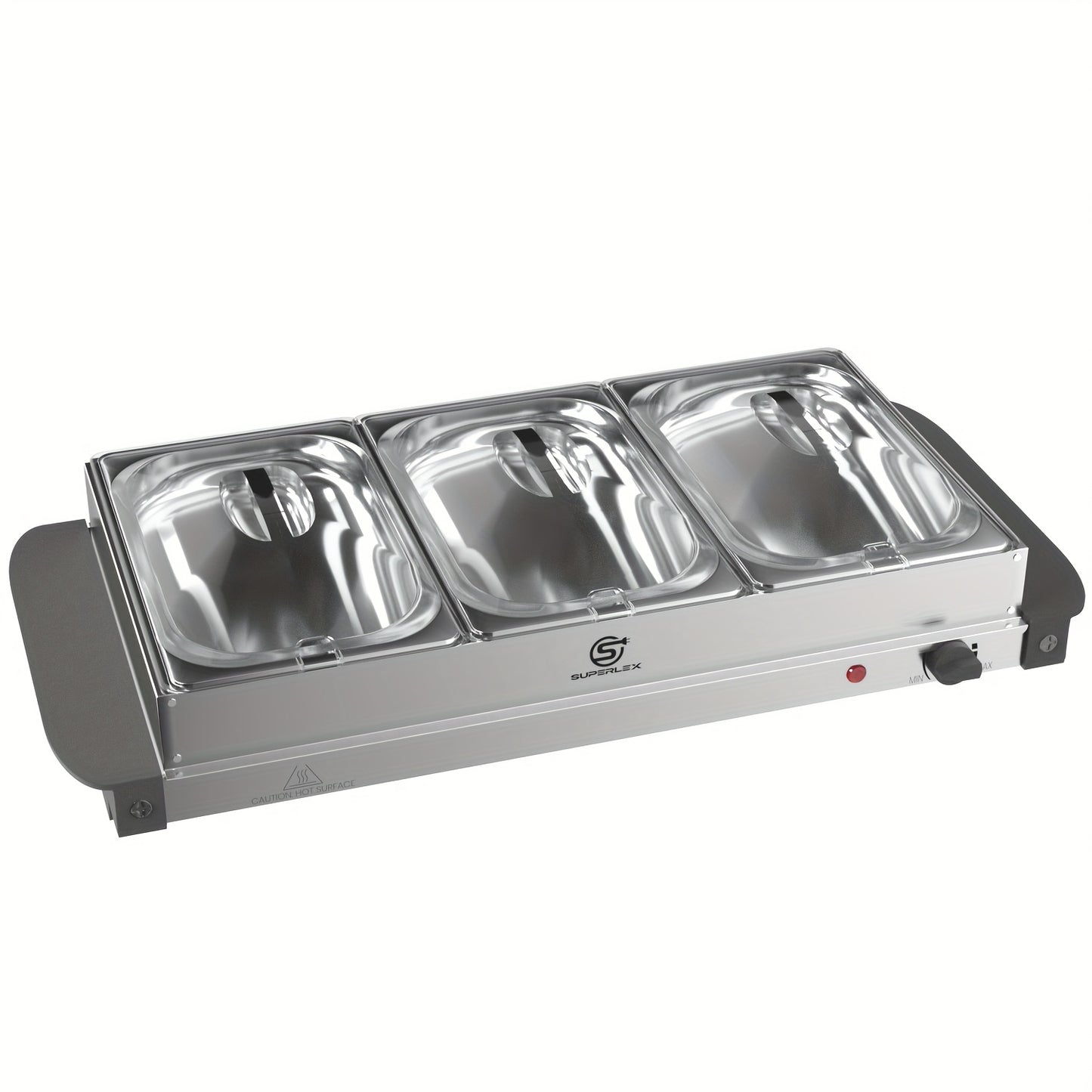 SUPERLEX Buffet Elettrico con Scaldavivande, Dotato di Tre Pentole da 1.5L, un Design Spazioso in Acciaio Inox, una Piastra Riscaldata con Coperchi Rimovibili, Impostazioni di Temperatura Regolabili e una Vassoio Riscaldante Portatile per Mantenere il Cal