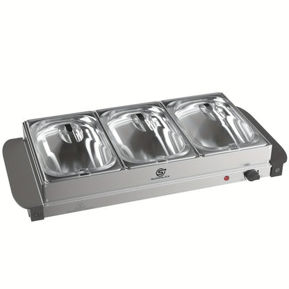 SUPERLEX Buffet Elettrico con Scaldavivande, Dotato di Tre Pentole da 1.5L, un Design Spazioso in Acciaio Inox, una Piastra Riscaldata con Coperchi Rimovibili, Impostazioni di Temperatura Regolabili e una Vassoio Riscaldante Portatile per Mantenere il Cal