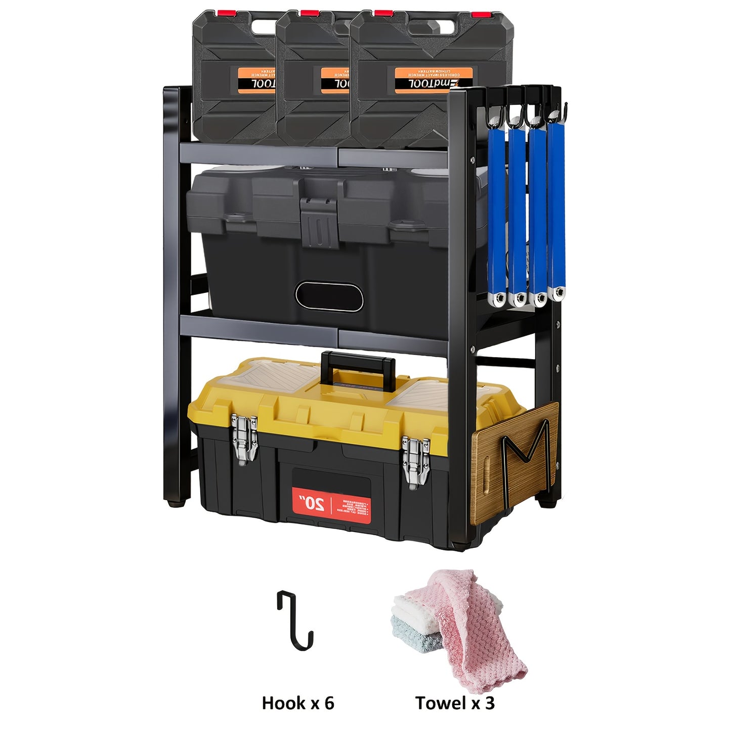 Scaffale Espandibile a 3 Livelli con 6 Ganci e 3 Porta Asciugamani; Scaffale per Garage, Cucina, Armadio; Estensibile da 40cm a 64cm; Adatto per Garage e Cucine (Bianco, Nero)