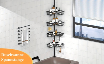 Un robusto e alto ripiano angolare per il bagno, un ripiano angolare regolabile per la doccia che non richiede foratura, dotato di un rack portaoggetti nero a 4 ripiani resistente alla ruggine, ideale per organizzare le aree angolari della doccia - Perfet