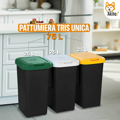 Pattumiera Differenziata AKITAINK AKIROCK 75L – 3 Scomparti da 25L con Coperchi Colorati e Blocca-Sacchetto, Cestino Raccolta Differenziata per Casa, Ufficio e Spazi Esterni