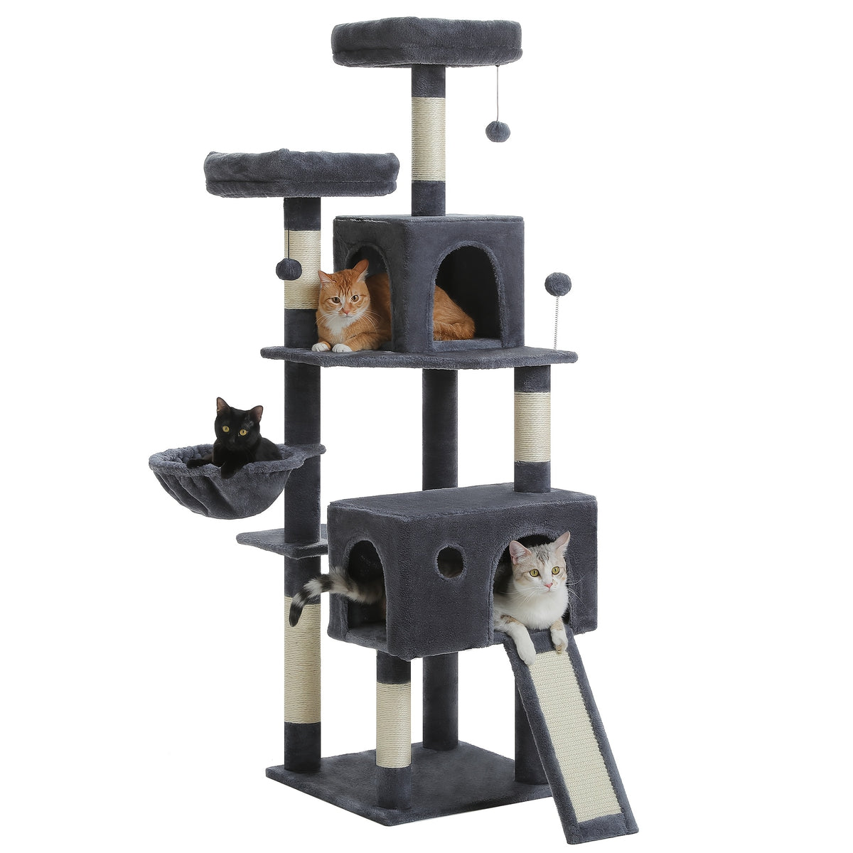 Albero tiragraffi per gatti, 162cm per Gatti con Posti Graffianti Rivestiti e 2 Piattaforme Superiori – vista principale