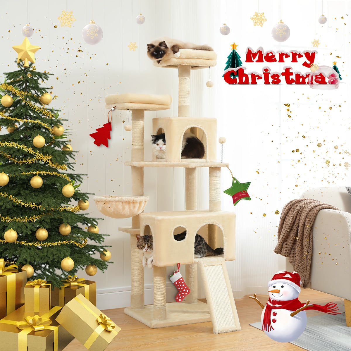 Albero tiragraffi per gatti, 162cm per Gatti con Posti Graffianti Rivestiti e 2 Piattaforme Superiori – vista dettagliata 2