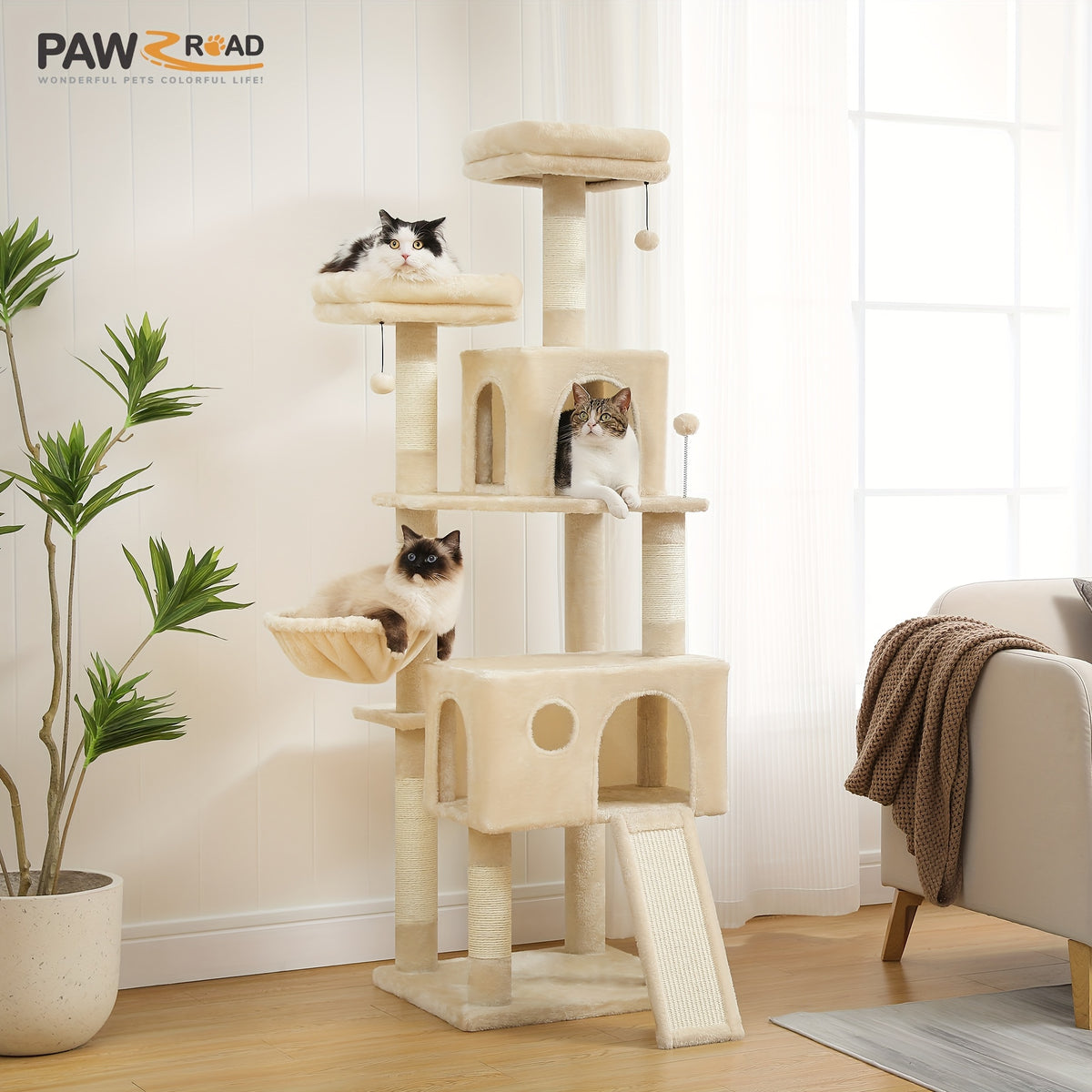 Albero tiragraffi per gatti, 162cm per Gatti con Posti Graffianti Rivestiti e 2 Piattaforme Superiori – vista dettagliata 6