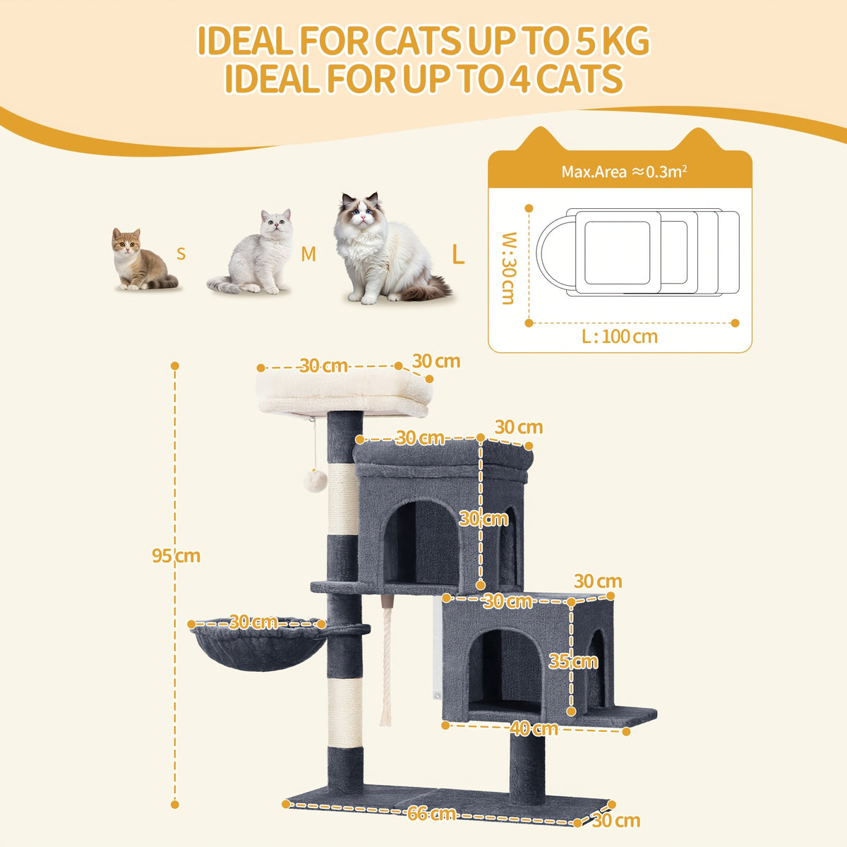 Albero tiragraffi per gatti, regolabile per gatti e gatti piccolo da 95 cm – vista dettagliata 2