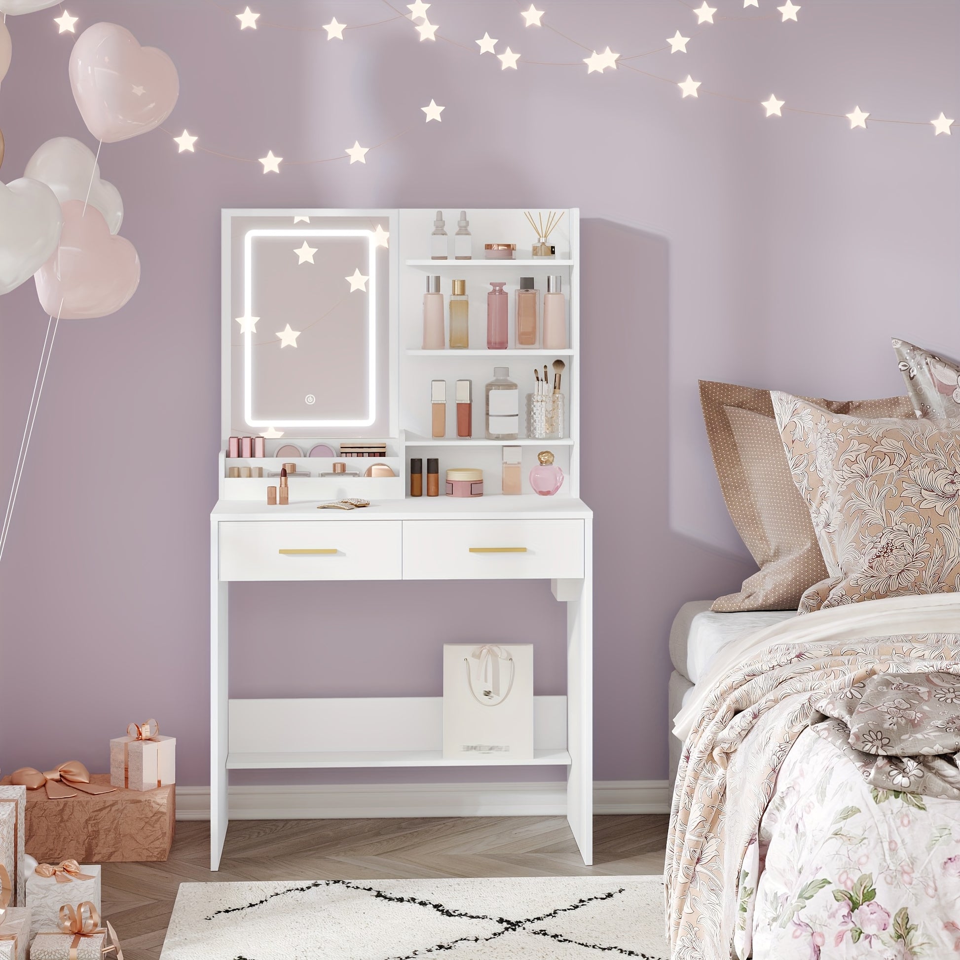 Armadietto Gioielli, illuminazione LED per camera da letto e letto – vista principale