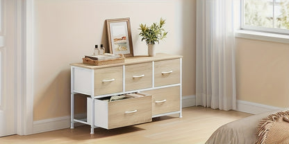 1 pz Cassettiera, Mobile a Cassetti, Telaio in Metallo, Realizzata in Legno, 5 Cassetti in Tessuto Non Tessuto, Utilizzabile come Comodino, Credenza, Mobile TV, Adatta per Camera da Letto, Soggiorno, Corridoio, Multifunzionale, Contenitore per la Casa, Ca