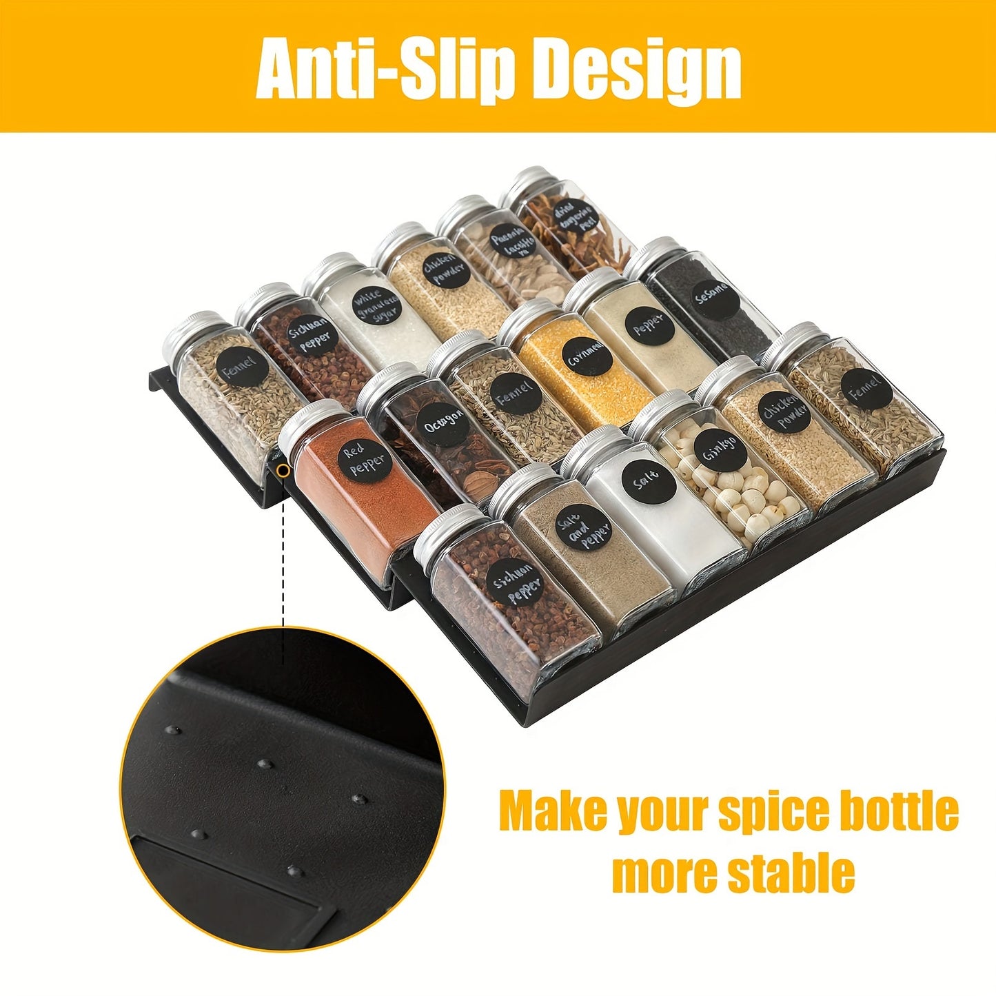 Cassetto porta spezie 6 pz, il cassetto porta spezie si estende da 29,5 cm a 59 cm, il cassetto inserto per spezie ha una texture opaca e la mensola porta spezie con maniglie antiscivolo