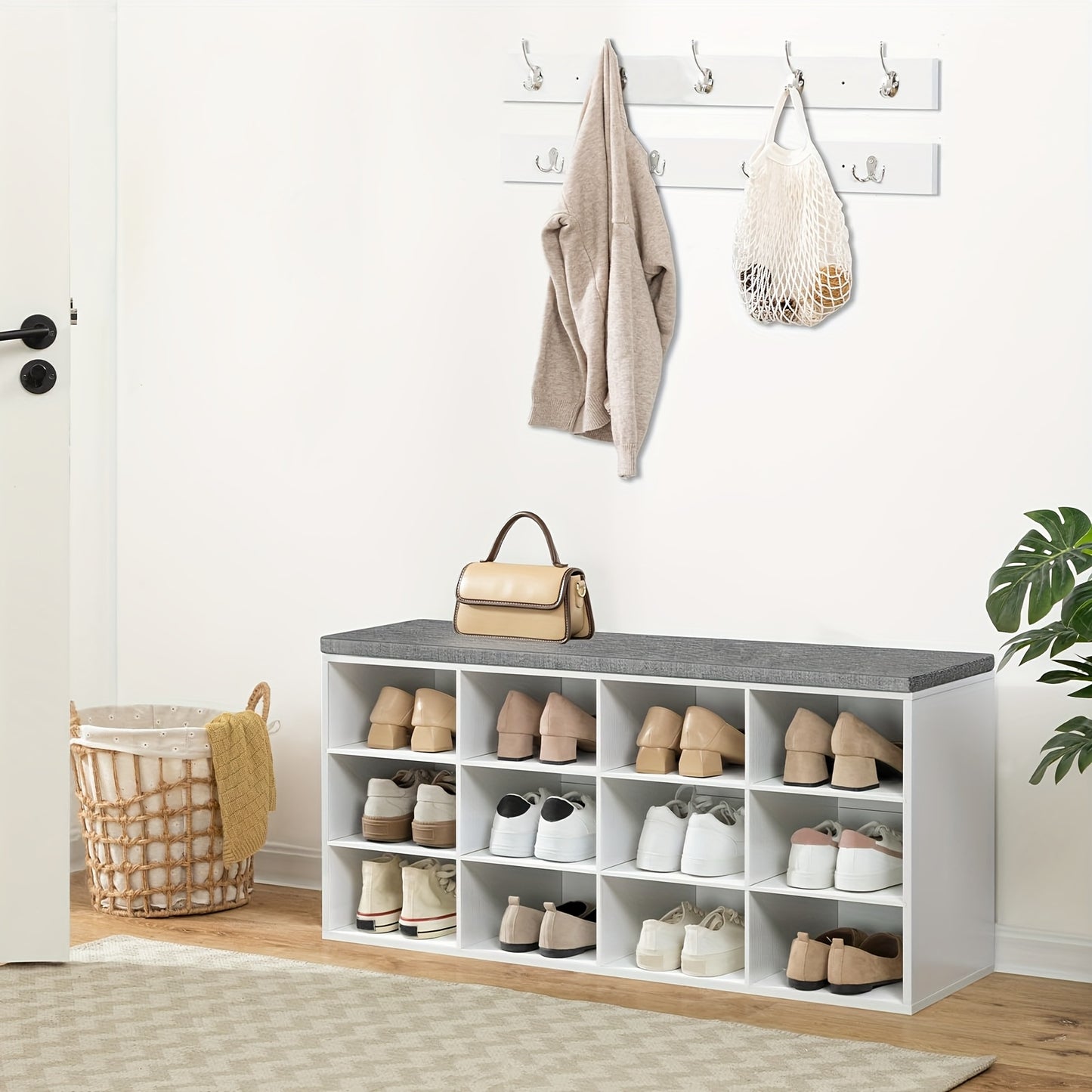 Set scarpiera armadio, divanetto scarpiera con 12 scomparti, scarpiera con divanetto imbottito, armadio a muro con 9 ganci, mobiletto scarpe per ingresso, corridoio, camera da letto