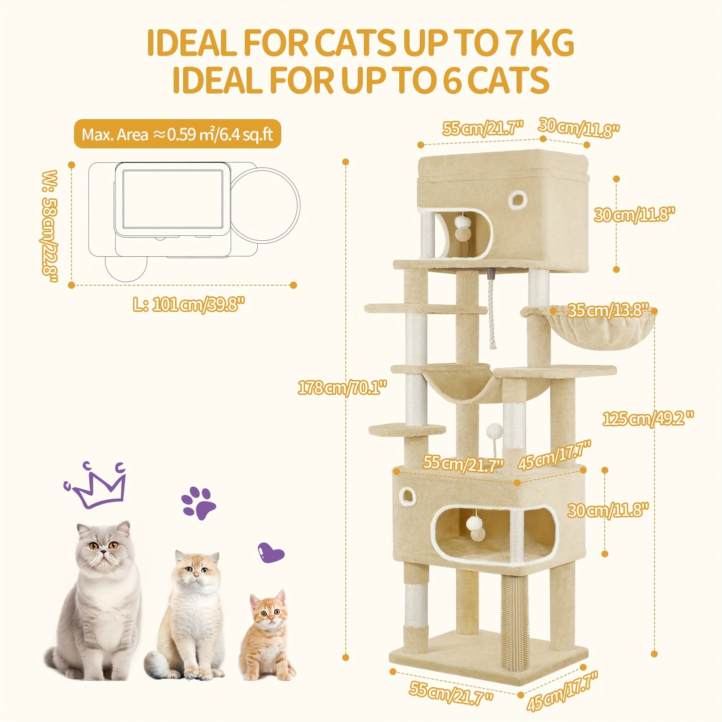 Graffio per Gatti, Albero da 178 cm con Ampia Piattaforma, 2 Rifugi, 7 Pali Graffiatori, Pomponi, Amaca e Postazioni Relax, Adatto a Tutte le Razze di Gatti, Beige