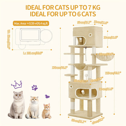 Graffio per Gatti, Albero da 178 cm con Ampia Piattaforma, 2 Rifugi, 7 Pali Graffiatori, Pomponi, Amaca e Postazioni Relax, Adatto a Tutte le Razze di Gatti, Beige