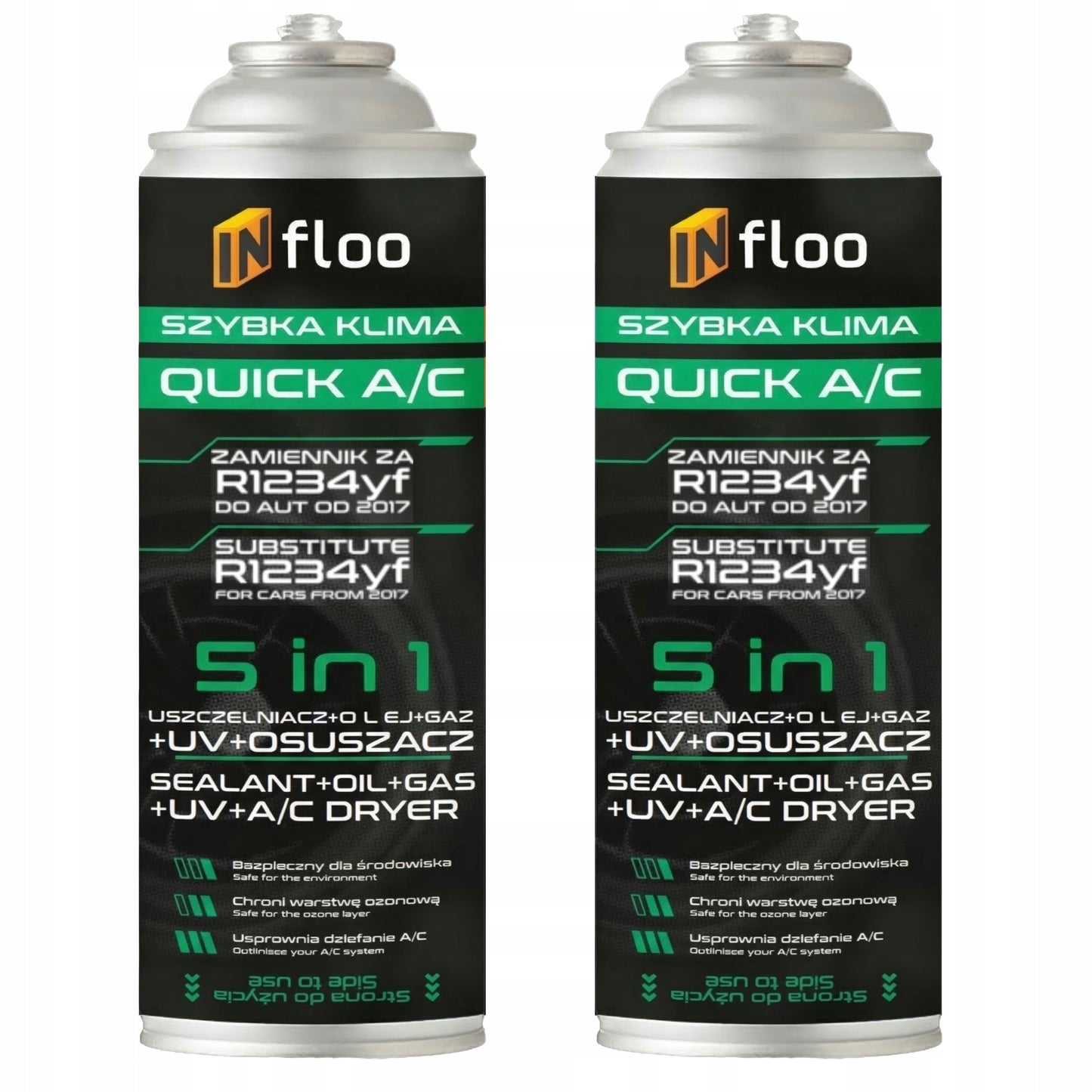 INfloo Set da 2x QUICK A/C R1234yf 5-in-1 Gas, Sigillante, UV, Essiccatore, Refrigerante per Auto dal 2017, Ricarica Autoservizio Aria Condizionata, Raffreddamento Istantaneo, Sigillatura e Rilevamento Perdite Inclusi nella Confezione