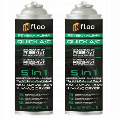 INfloo Set da 2x QUICK A/C R1234yf 5-in-1 Gas, Sigillante, UV, Essiccatore, Refrigerante per Auto dal 2017, Ricarica Autoservizio Aria Condizionata, Raffreddamento Istantaneo, Sigillatura e Rilevamento Perdite Inclusi nella Confezione