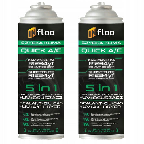 INfloo Set da 2x QUICK A/C R1234yf 5-in-1 Gas, Sigillante, UV, Essiccatore, Refrigerante per Auto dal 2017, Ricarica Autoservizio Aria Condizionata, Raffreddamento Istantaneo, Sigillatura e Rilevamento Perdite Inclusi nella Confezione