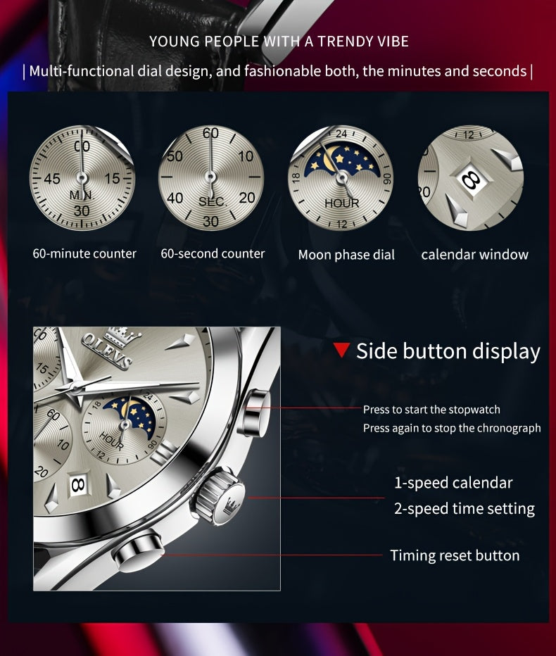 OLEVS Orologio da Uomo Classico Cronografo Cuoio Marrone Cassa Dorata Analogico Quarzo Moda Business Abito Quadrante Grande Orologio da Uomo Giorno Data Luminoso Casual Orologio da Polso Maschile Regali Romantici Relojes De Hombre Quadrante Blu/Nero/Bianc