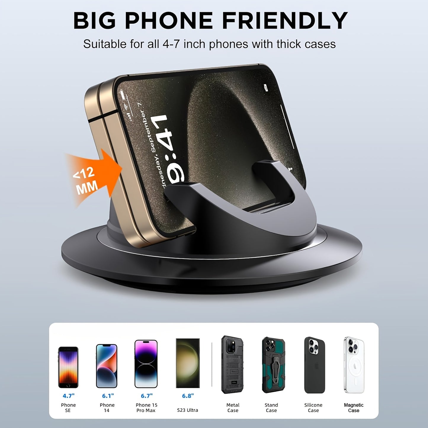 Supporto per telefono da auto, supporto per cellulare da auto, supporto per telefono da cruscotto, supporto per telefono da auto con rotazione a 360°, supporto per telefono a ventosa, tappetino per auto per cruscotti, supporto da scrivania antiscivolo per