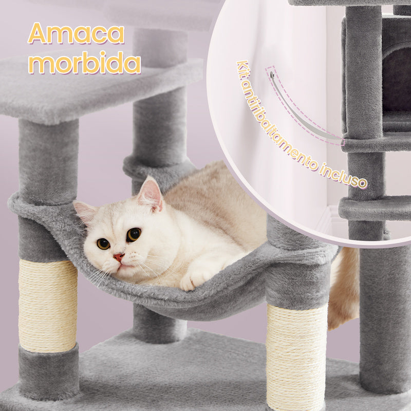 Albero per Gatti 112 cmdi Peluche, 4 Pali Tiragraffi, 2 Pompon, 1 Amaca, 2 Piattaforme, 1 Nicchia