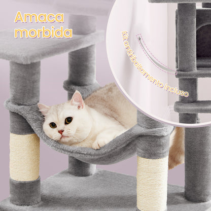 Albero per Gatti 112 cmdi Peluche, 4 Pali Tiragraffi, 2 Pompon, 1 Amaca, 2 Piattaforme, 1 Nicchia