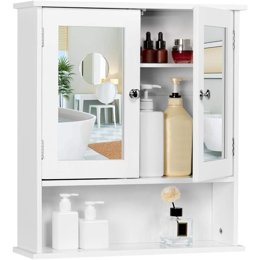 Armadietto Bagno Specchio da Muro Parete Mobile Bagno Sospeso con 2 Ante Mobiletto Pensile Mensola Ripiano Regolabile 58 x 56 x 13 cm