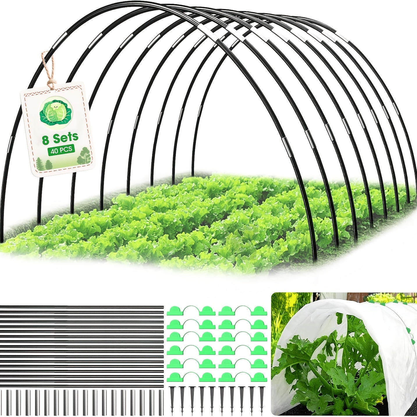 Un totale di 50 cerchi da giardino per aiuole rialzate, composti da 10 set di cerchi in fibra di vetro antiruggine da 259.08 cm per serra, teli da giardino e tunnel di coltivazione. Questi pali di supporto per piante sono ideali per coperture di filiere.