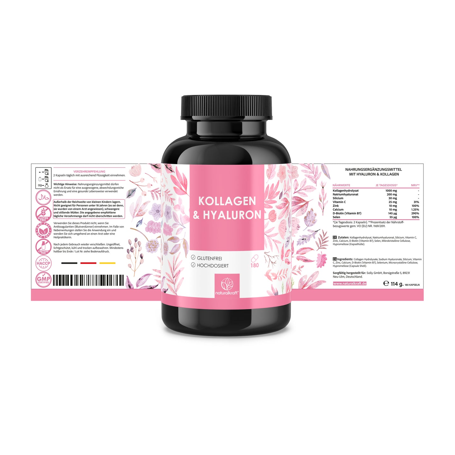 NATURALKRAFT® Collagene & Idroluroni Premium - con Biotina, Zinco, Selenio, Vitamina C & Silicio - Alta Biodisponibilità, Testato in Laboratorio, Qualità di Marca Tedesca - 180 Capsule