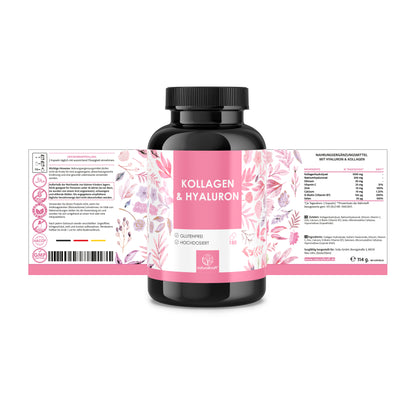 NATURALKRAFT® Collagene & Idroluroni Premium - con Biotina, Zinco, Selenio, Vitamina C & Silicio - Alta Biodisponibilità, Testato in Laboratorio, Qualità di Marca Tedesca - 180 Capsule
