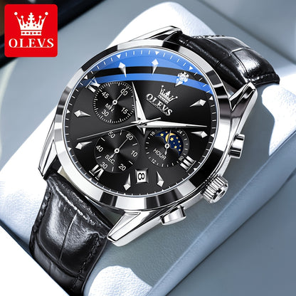 OLEVS Orologio da Uomo Classico Cronografo Cuoio Marrone Cassa Dorata Analogico Quarzo Moda Business Abito Quadrante Grande Orologio da Uomo Giorno Data Luminoso Casual Orologio da Polso Maschile Regali Romantici Relojes De Hombre Quadrante Blu/Nero/Bianc