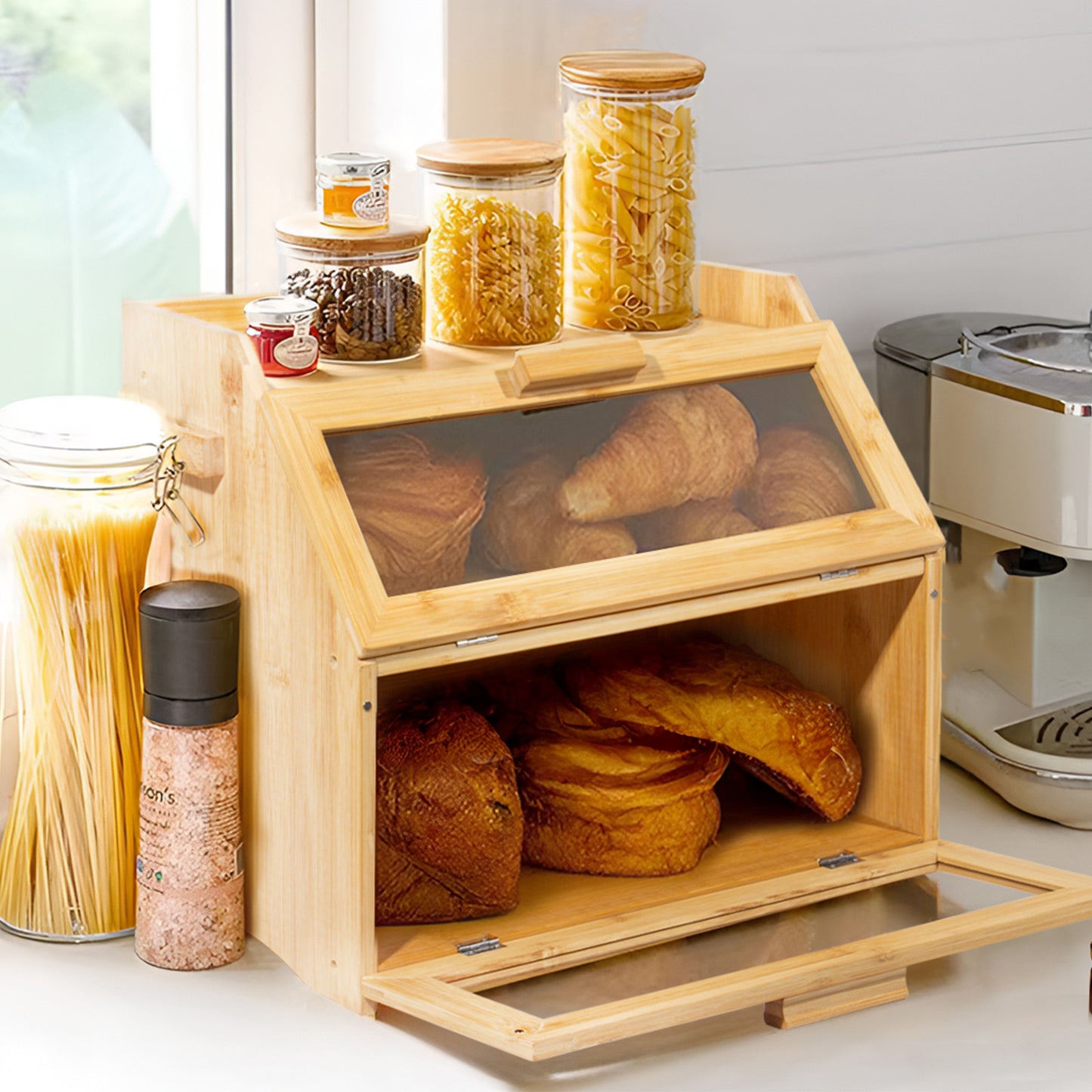 Contenitore per pane in bambù con ventilazione, cassetta per pane grande, 2 ripiani e finestra di visuale, contenitore per pane in legno, panini, contenitore per pane da cucina