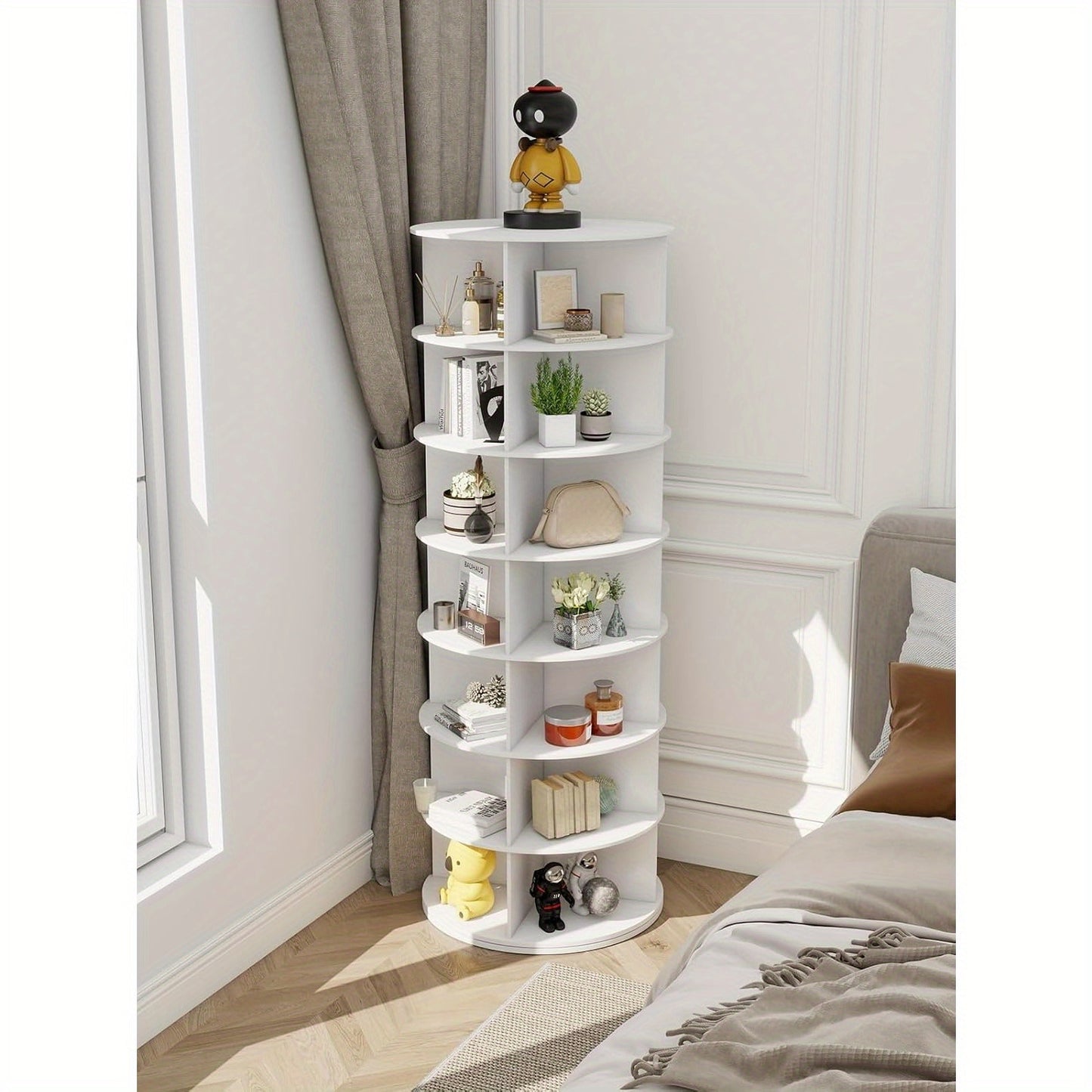 Torre portascarpe girevole a 5/6/7 ripiani per 20/24/28 paia di scarpe, espositore girevole a 360° bianco, organizzatore Lazy Susan, scaffale portascarpe a carosello rotondo, carosello verticale per cappelli e borse