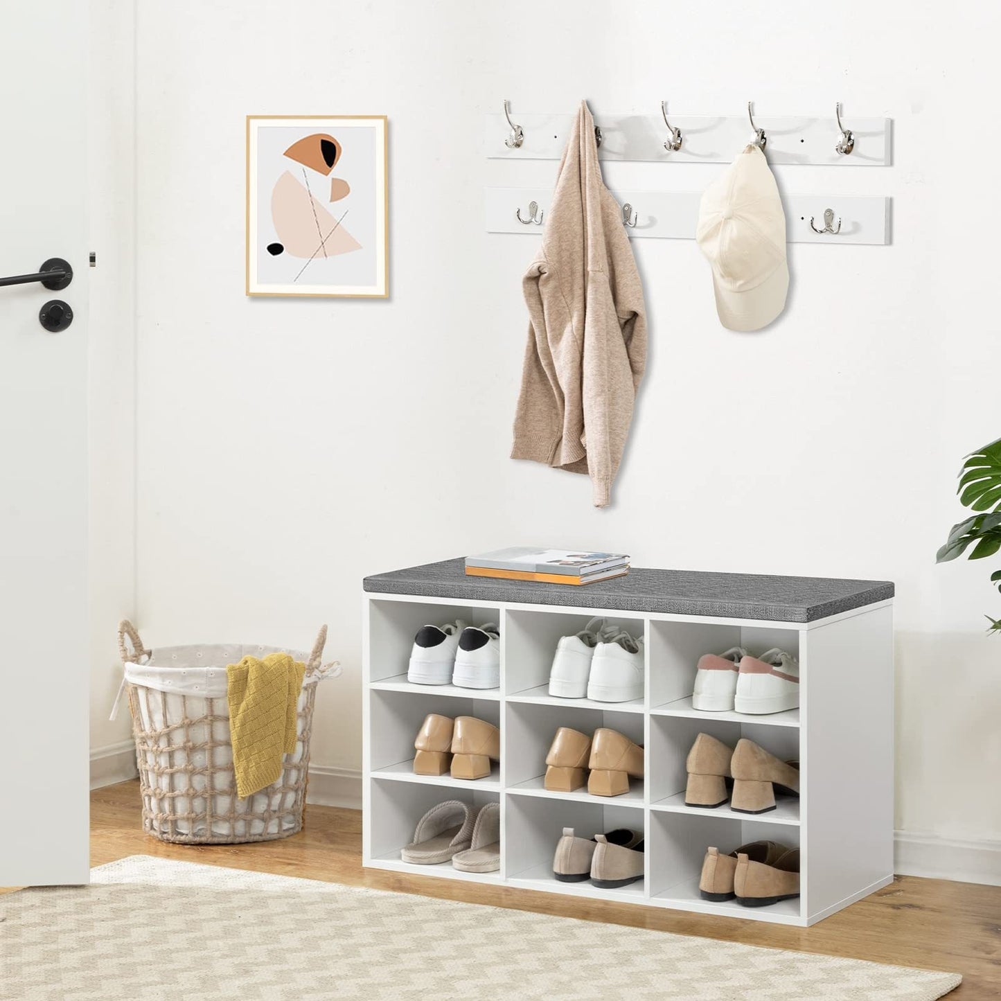 Set scarpiera armadio, divanetto scarpiera con 9 f, scarpiera con divanetto imbottito, appendiabiti da parete con 9 ganci, mobiletto scarpe per ingresso, corridoio, camera da letto, bianco