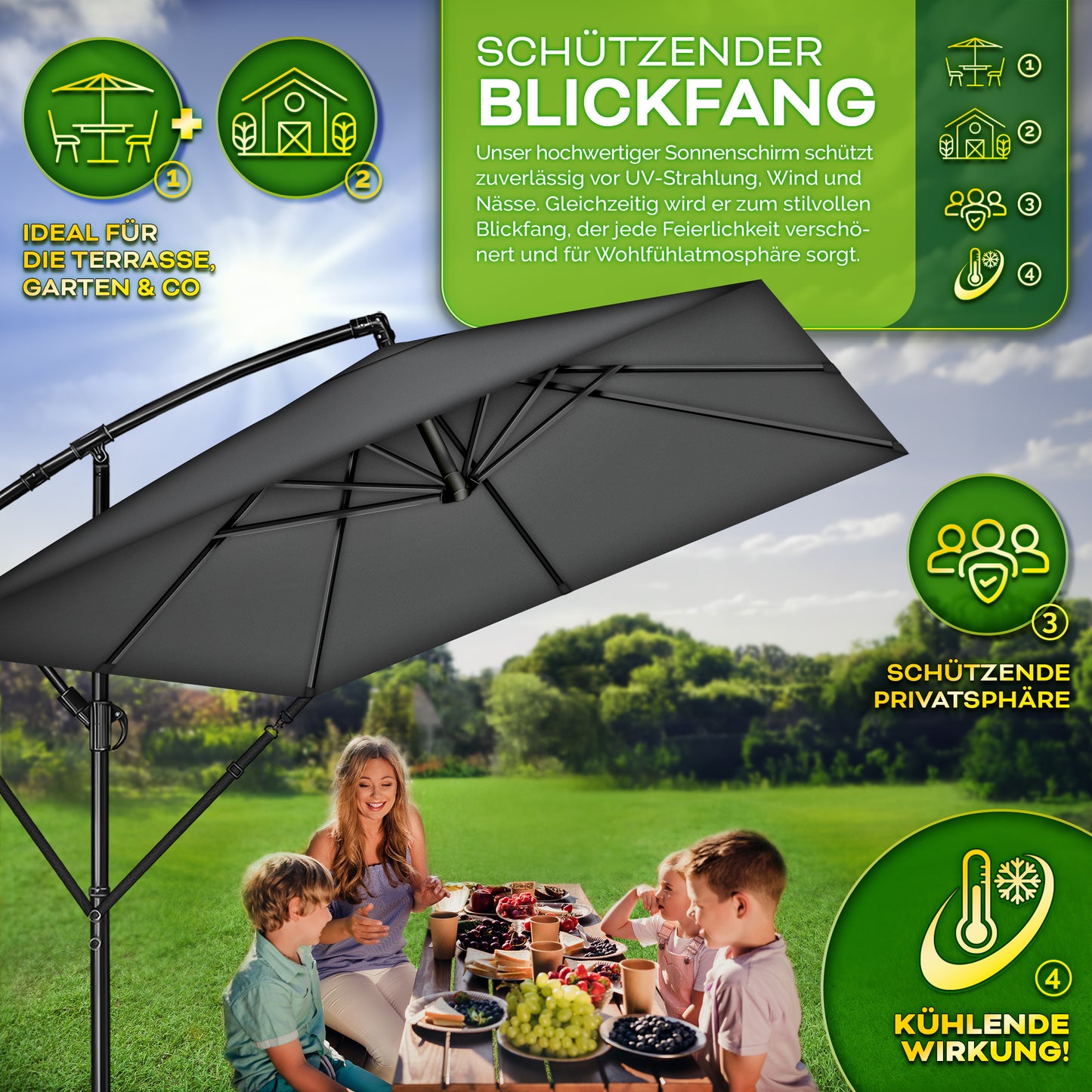 Tillvex® Parasole Rettangolare in Alluminio Ø 330 Cm + Copertura con Manovella | Schermo Angolare a Luce Rossa con Supporto & Parabrezza | Grande Parasole da Giardino in Alluminio Protezione UV | Schermo con Manovella Impermeabile Girevole a 360° per Terr