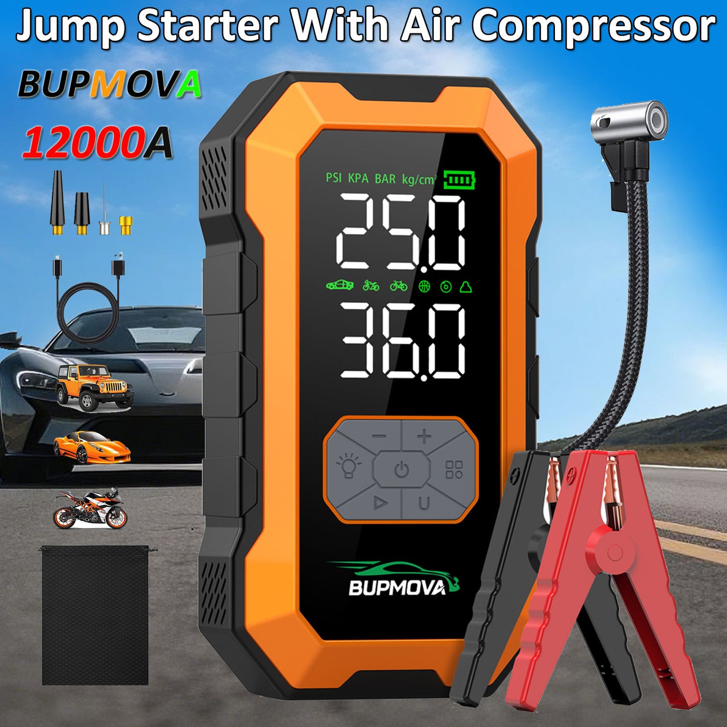 Avviatore di emergenza per auto 12000A con compressore d'aria, pompa di gonfiaggio per pneumatici senza fili, booster per batteria con power bank e torce LED, scatola di avviamento automatico 12V per tutti i veicoli a benzina o diesel da 10.0L, doppio dis