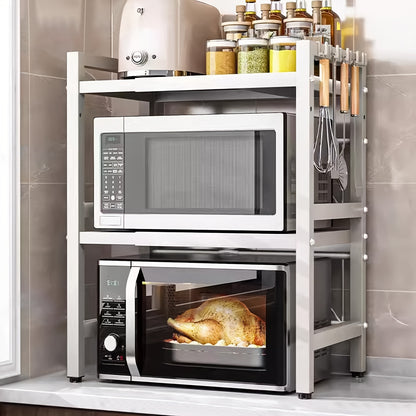Scaffale da microonde a 3 livelli regolabile e resistente, scaffale orizzontale di estensione per cucina, scaffale per posacenere, materiale in acciaio al carbonio nero opaco, dotato di 6 ganci, artefatto multifunzionale a doppio uso per casa e ufficio, s