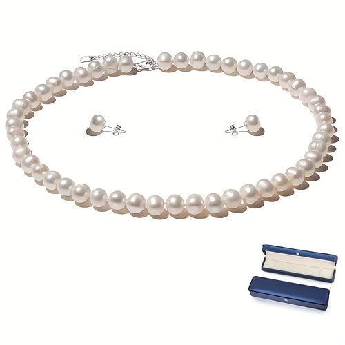 Set di collana con perle d'acqua dolce in argento sterling S925 | Chiusura a moschettone e catena allungabile | Lunghezza regolabile