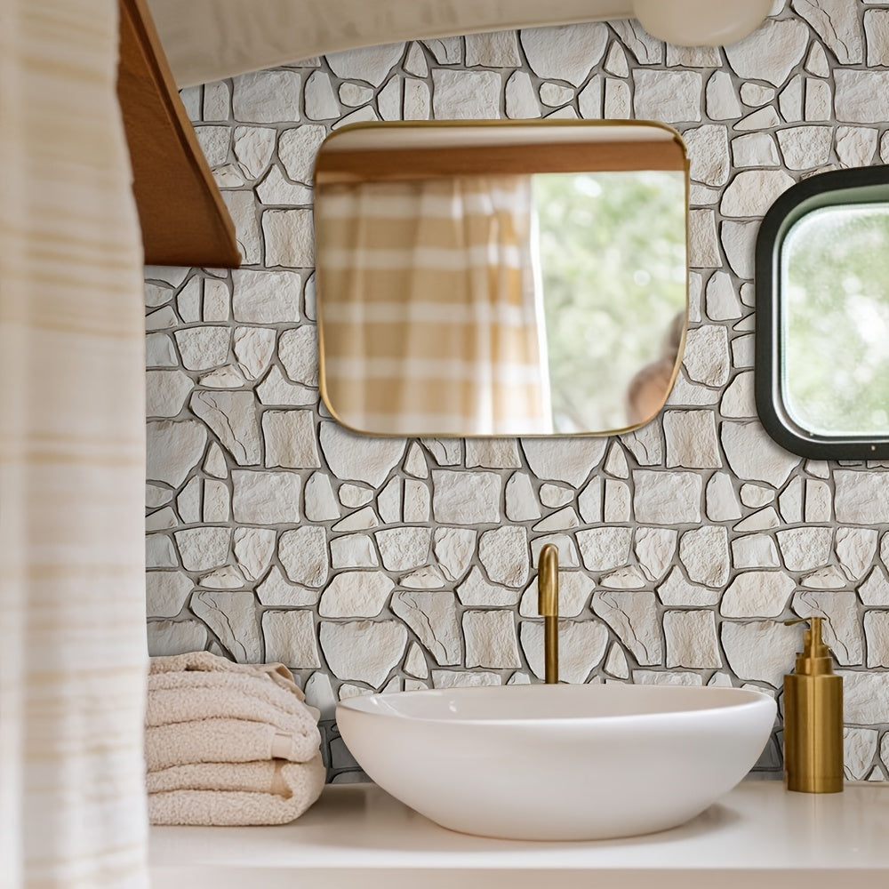 Questo pacchetto include dieci pannelli murali 3D autoadesivi con superficie in PVC effetto pietra, ciascuno misurato 30 per 30 centimetri, progettati per decorare pareti interne.