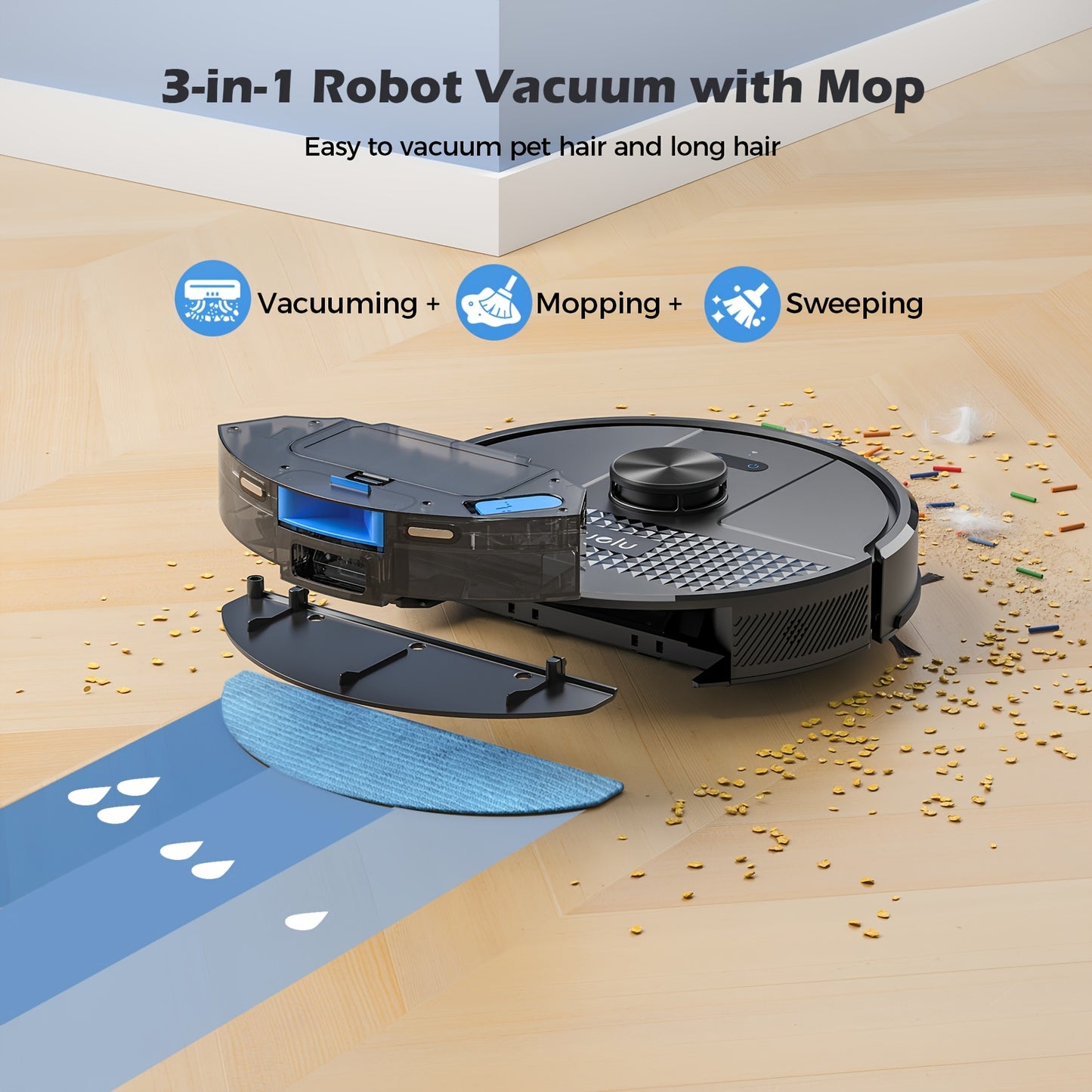 Robot Aspirapolvere e Lavapavimenti, 3 in 1 Spazzatura/Aspirazione/Lavaggio, Sacchetto per Polvere da 3,0L, Autosvuotamento 70 Giorni, Evitamento Ostacoli PSD a 360°, Mappatura Multi-Pavimento, Forte Aspirazione 6700Pa, WiFi/Alexa/APP