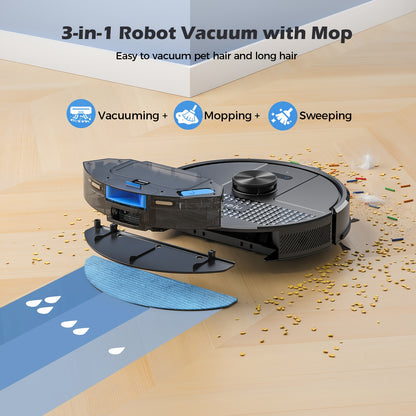 Robot Aspirapolvere e Lavapavimenti, 3 in 1 Spazzatura/Aspirazione/Lavaggio, Sacchetto per Polvere da 3,0L, Autosvuotamento 70 Giorni, Evitamento Ostacoli PSD a 360°, Mappatura Multi-Pavimento, Forte Aspirazione 6700Pa, WiFi/Alexa/APP