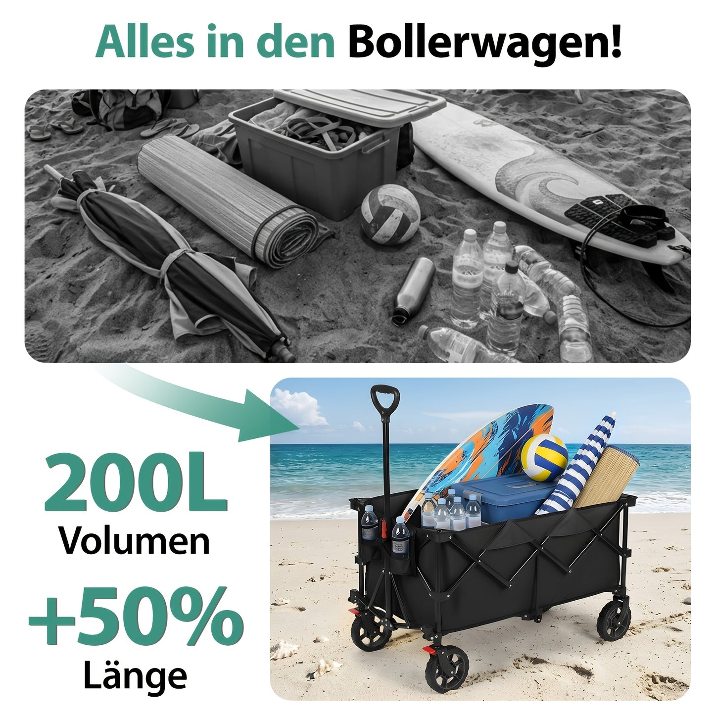 Carrello pieghevole XXL Plus 200L, capacità di carico 300KG, carrello pieghevole adatto per uso fuoristrada con freni, carrello pieghevole in quattro direzioni, verde oliva/grigio/blu/nero