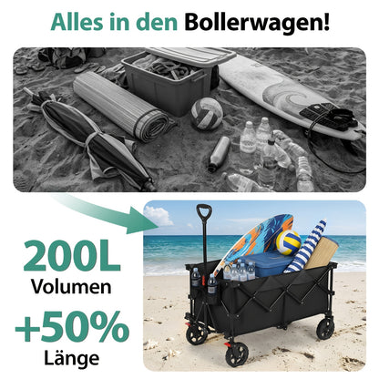 Carrello pieghevole XXL Plus 200L, capacità di carico 300KG, carrello pieghevole adatto per uso fuoristrada con freni, carrello pieghevole in quattro direzioni, verde oliva/grigio/blu/nero