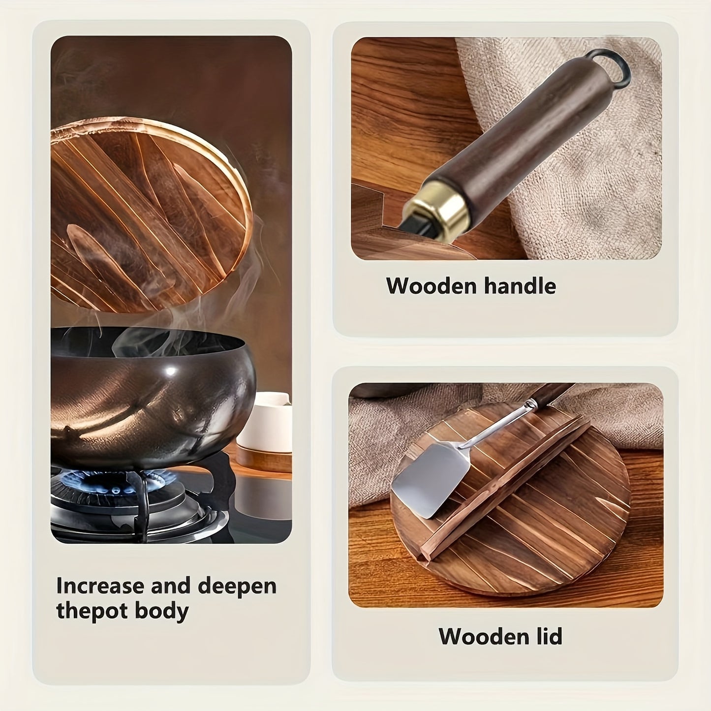 Casseruola tradizionale artigianale in ghisa con ampia pancia - Superficie a specchio antiaderente, senza rivestimento, design anti-schizzo e manopola in legno - Costruzione resistente alla ruggine per una distribuzione uniforme del calore - Essenziale pe