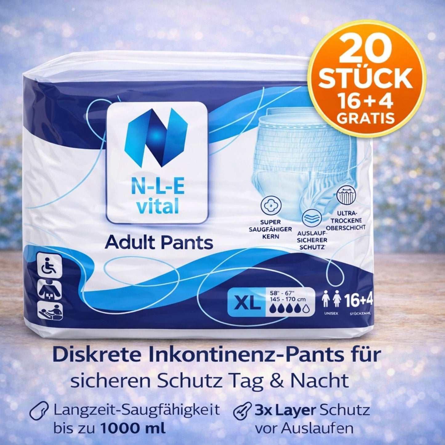 N-L-E Mutandine per Incontinenza Adulti L/XL | Confezione da 20 (16 + 4 Gratis) | Pannolini Pull-Up | Capacità di Assorbimento 1000 ml