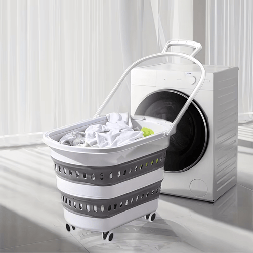 Cesto per il bucato retrattile e pieghevole con ruote - 45 litri - Bianco Grigio