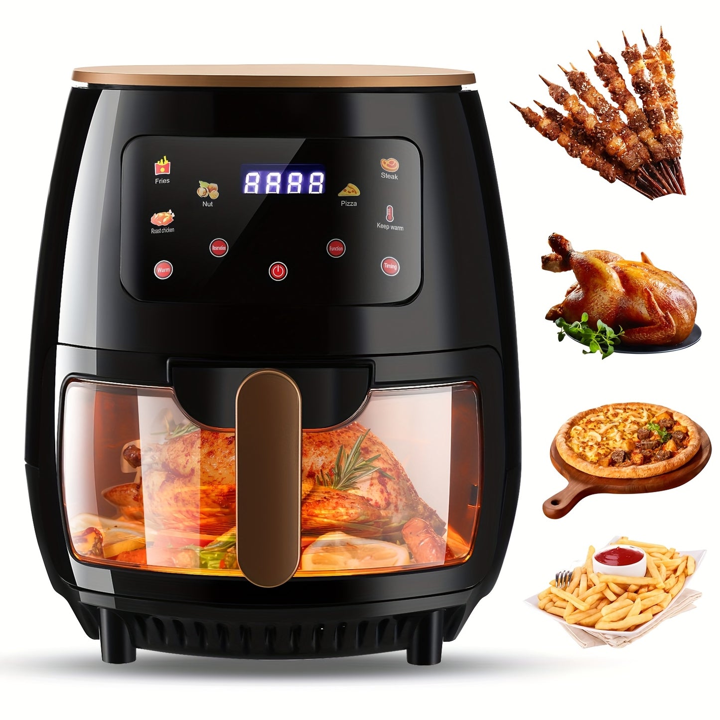 Friggitrice ad aria 6L con finestra trasparente, nuova grande capacità, touch screen, multifunzione, mini forno, controlli touch con 6 preimpostazioni, cestello antiaderente e lavabile in lavastoviglie, - Nero, pollo, patatine, arrosticini, arrosti, disid