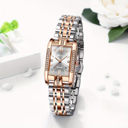 Jewelrywe Orologi Donna Analogico Quarzo Orologio da Polso Lusso Elegante Calendario con Data Strass Rettangolare Bracciale in Acciaio Inossidabile Business Casual