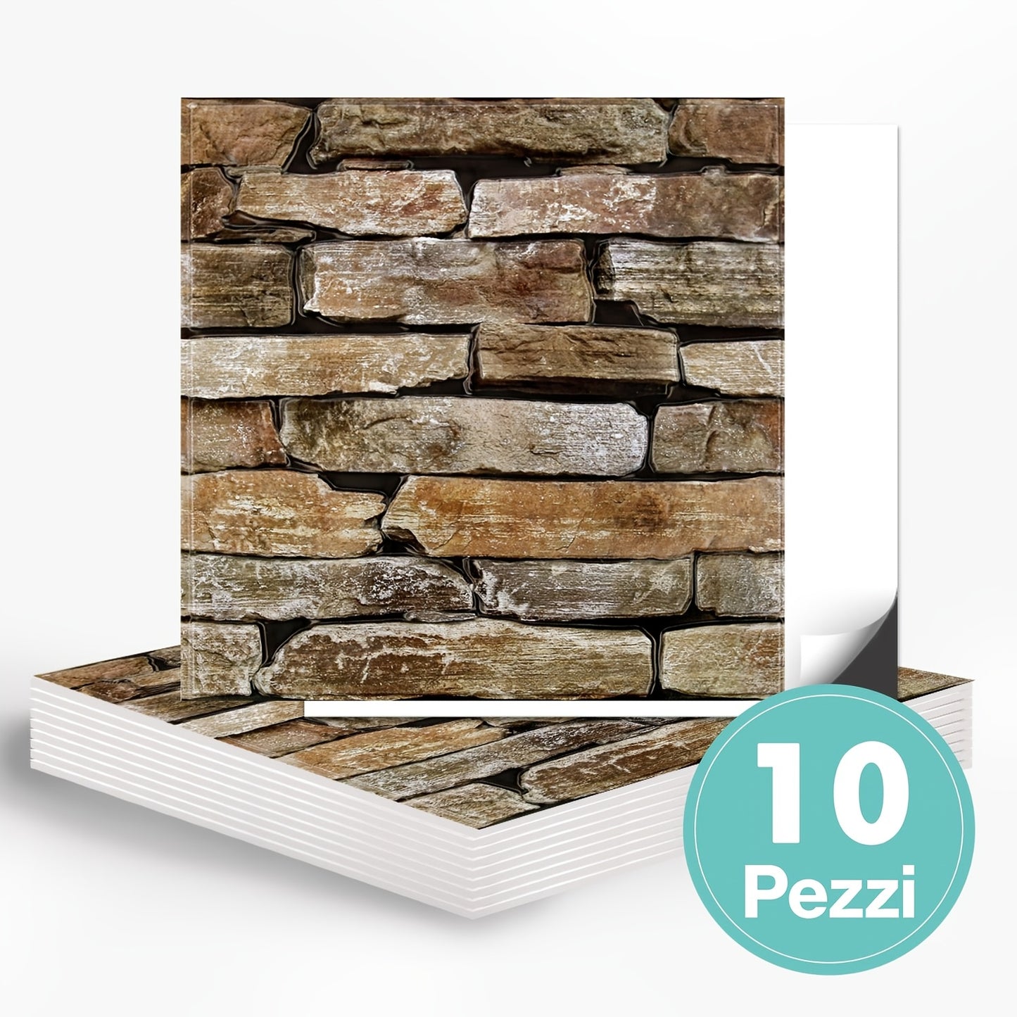 Questo pacchetto include dieci pannelli murali 3D autoadesivi con superficie in PVC effetto pietra, ciascuno misurato 30 per 30 centimetri, progettati per decorare pareti interne.