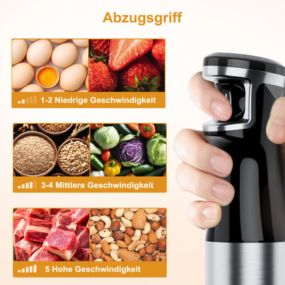 Frullatore a immersione portatile 6 in 1 - Frullatore a immersione in acciaio inossidabile con 5 velocità, tritatutto, frusta e montalatte per carne, purè di patate e pappe