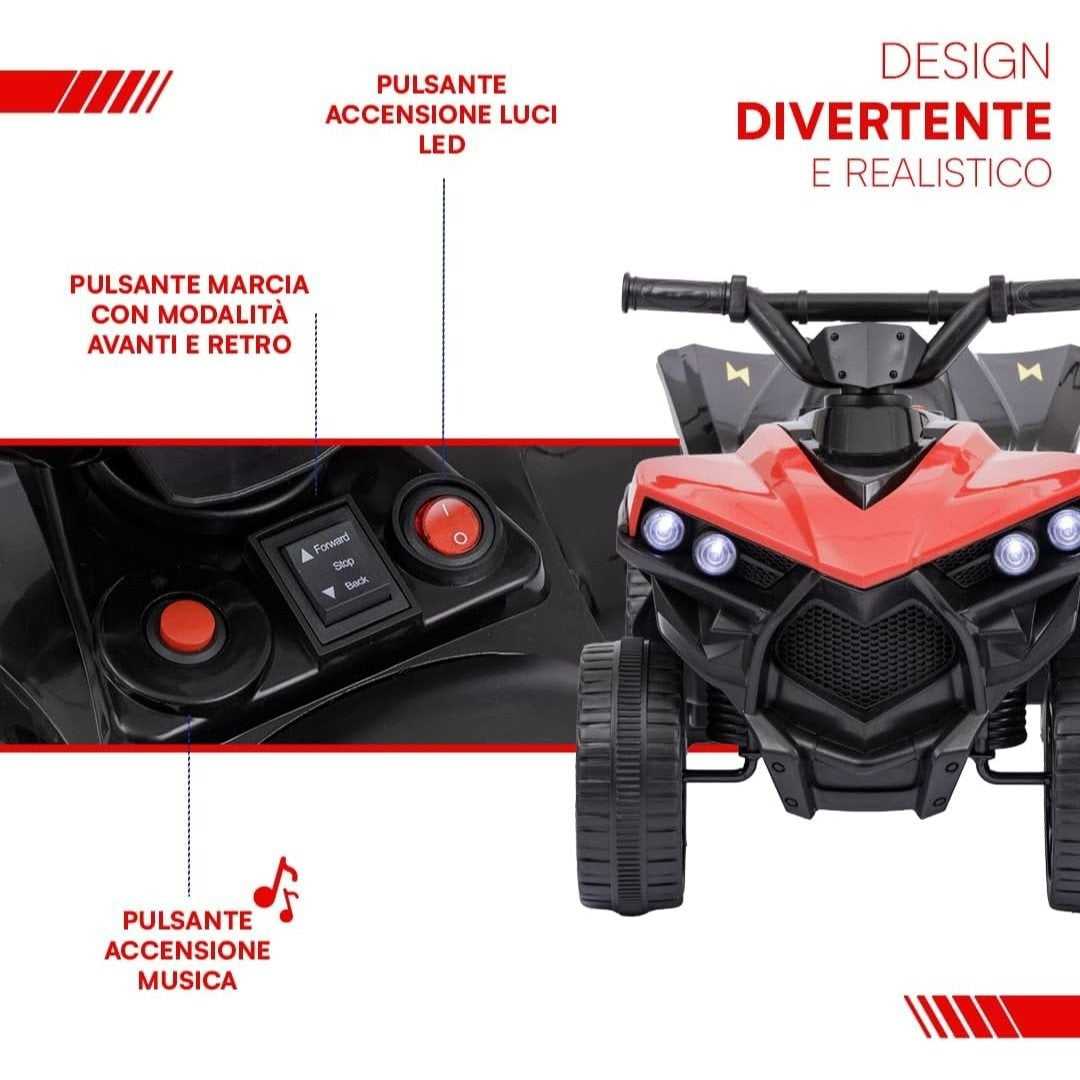 Baroni Toys Quad Elettrico per Bambini 3+ anni con Manubrio Sterzante, Musica e Luci Funzionanti, Quad con Modalità Avanti/Retro, Facile da Montare, 70x42x45 cm