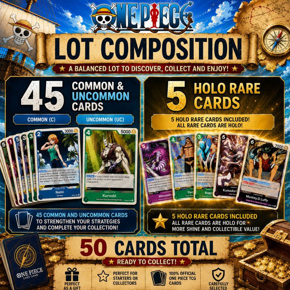 50 Carte TCG One Piece: 45 Carte Comuni / Rare + 5 Carte Holo Rare - Versione Inglese - 100% Autentico - Lotto Casuale