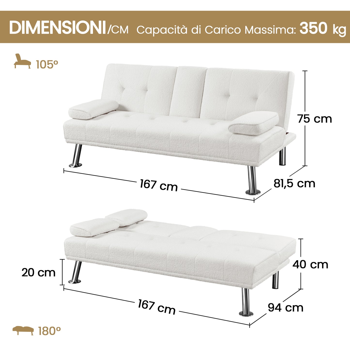 Costoffs Divano Letto a 3 Posti Divano Trasformabile con 2 Braccioli Staccabili Mobile Imbottito con Supporto Centrale Porta Bicchieri Divanetto Reclinabile da Salotto